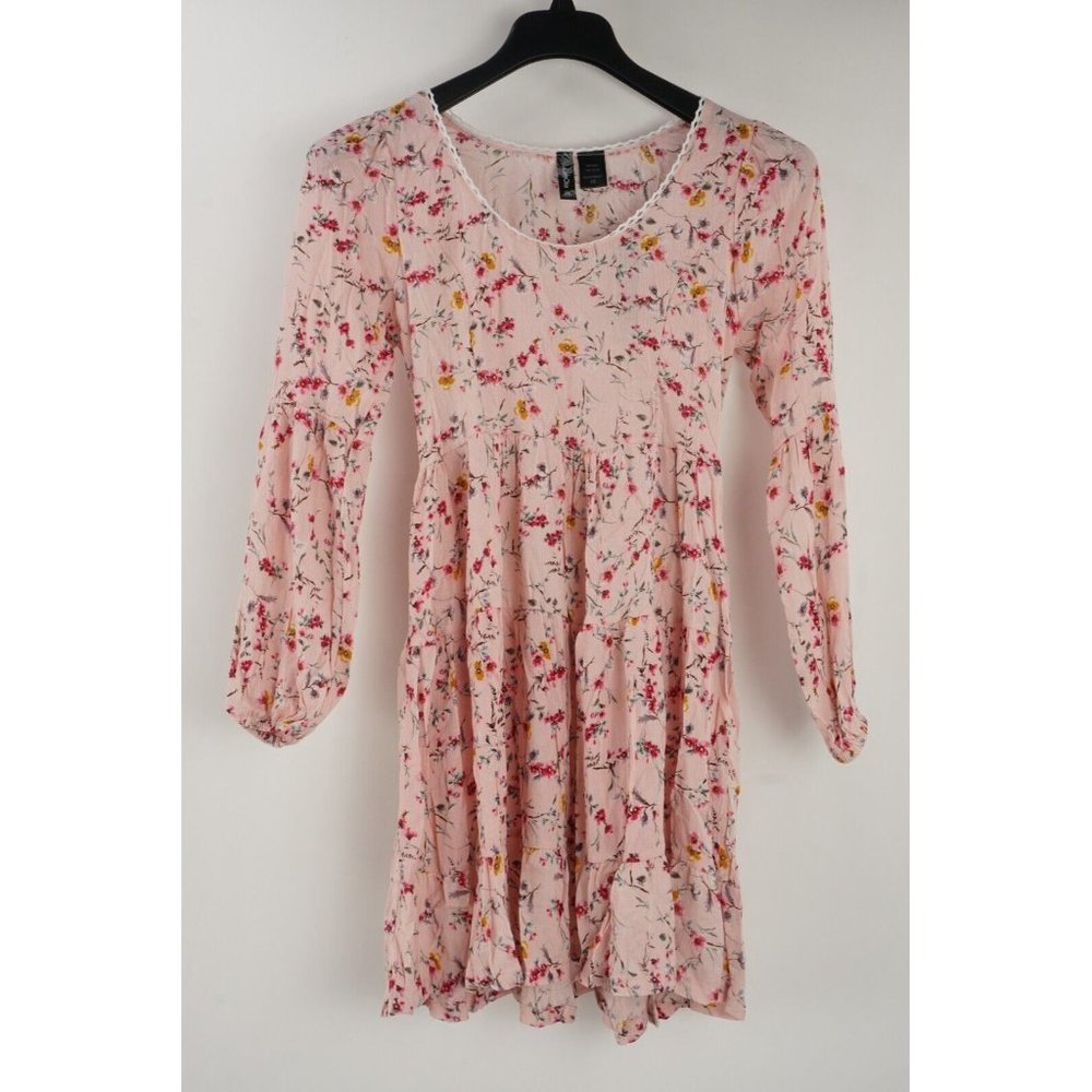 New Luna Chix Women's Sz XS Pink Floral Gauze Rayon Pleated Blouson Sleeve Dress